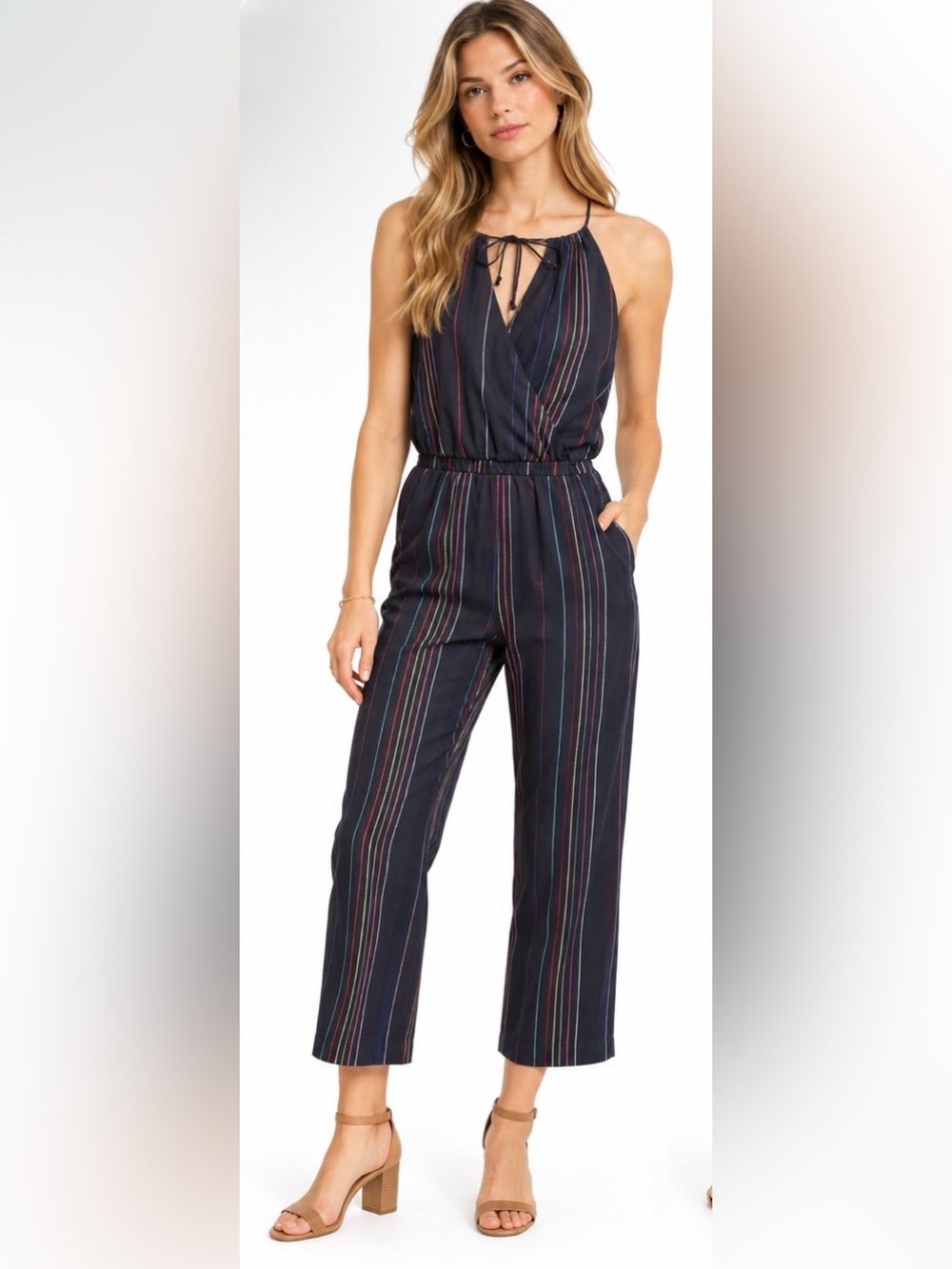 Dolan Anthropologie Striped Navy Sleeveless Jumpsuit Pockets Sz Large Boho Chic